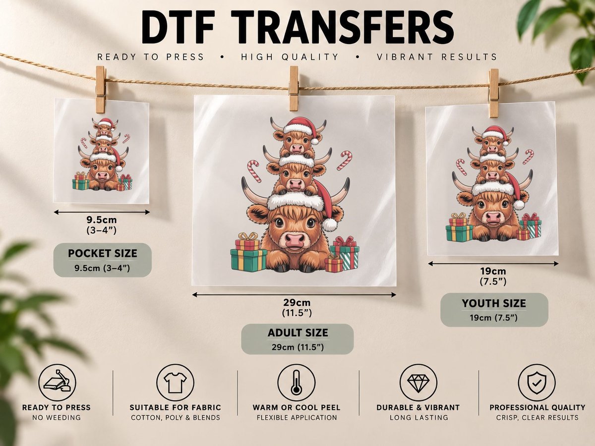 Highland Cows in Santa Hats with Gifts Winter DTF Transfer Iron On