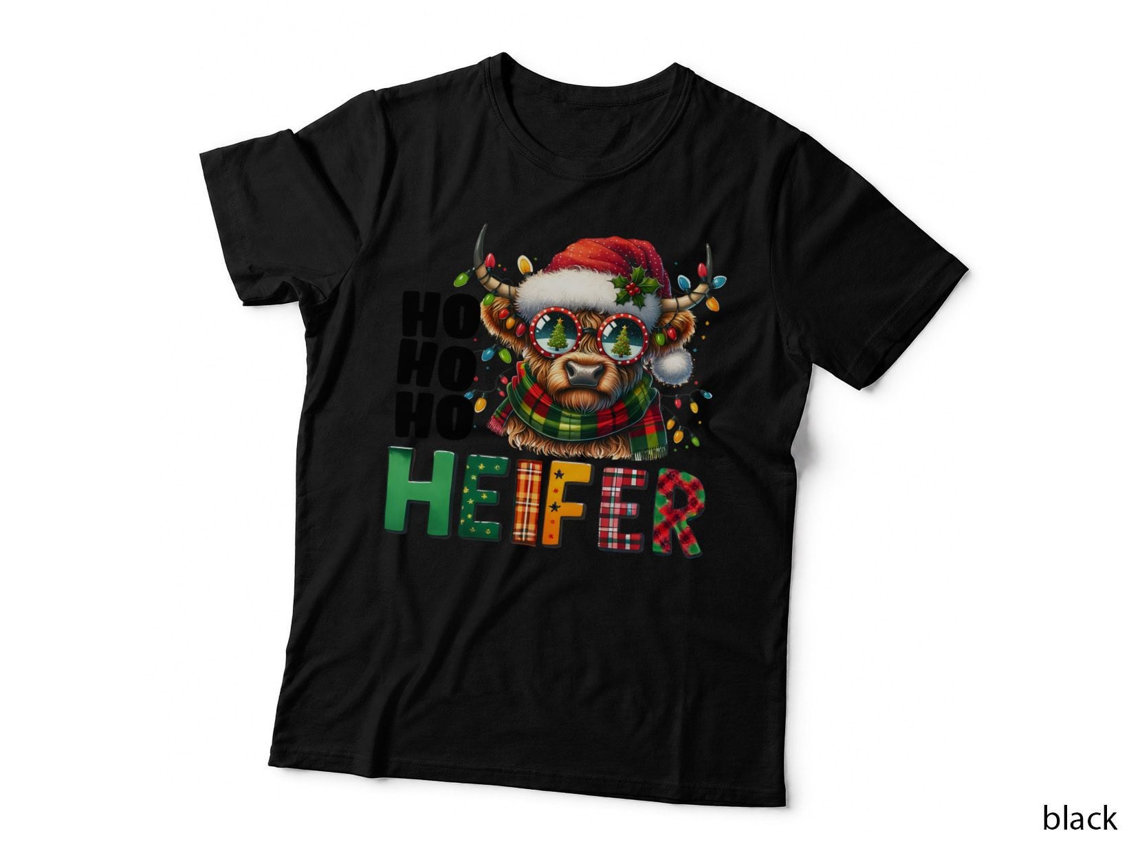 Ho Ho Ho Heifer Highland Cow T-Shirt, Festive Highland Cow with Christmas
