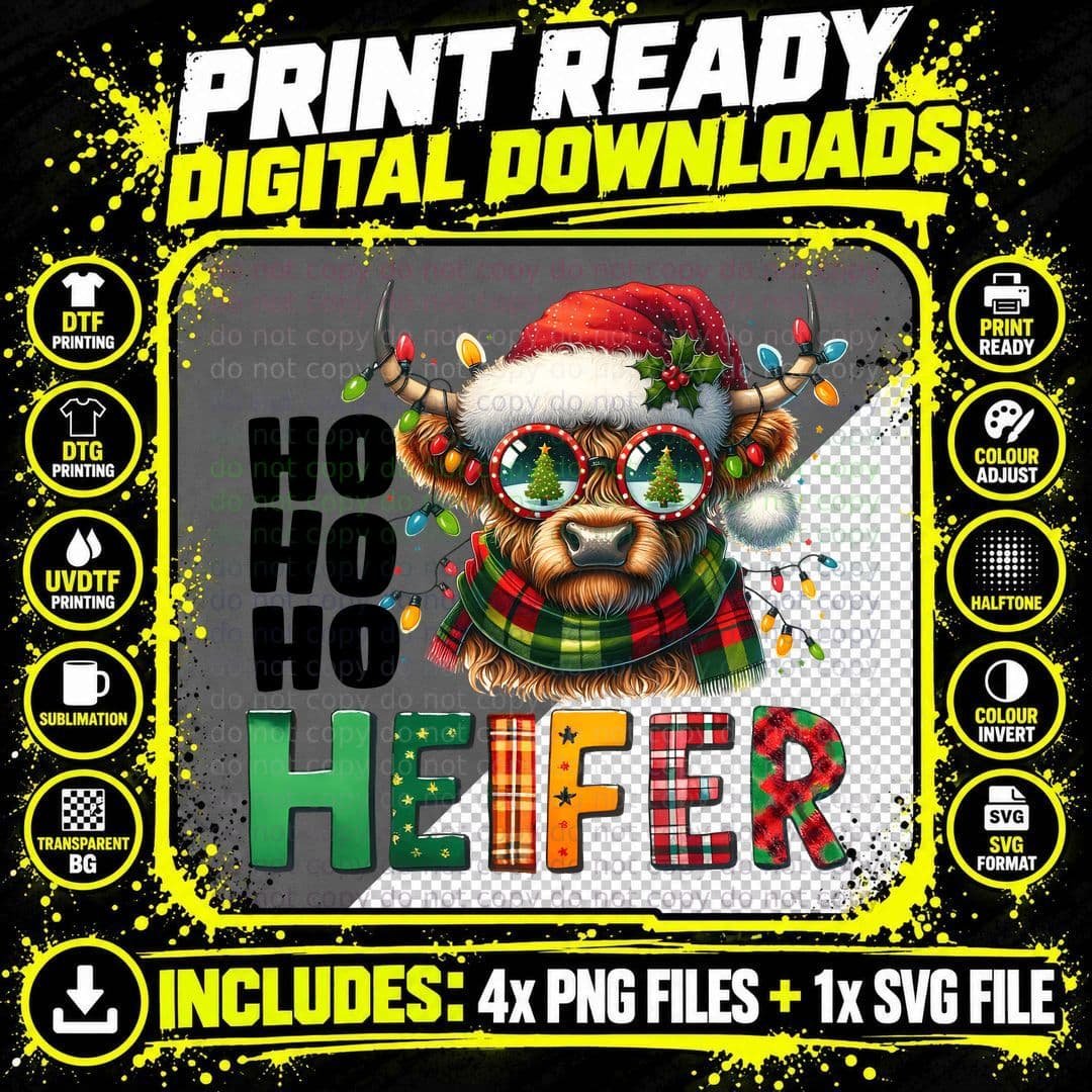 Ho Ho Ho Heifer Highland Cow T-Shirt Png SVG Digital Bundle