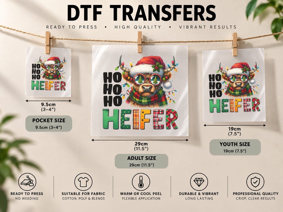 Ho Ho Ho Heifer Highland Cow, Festive Highland Cow with DTF Transfer Iron On