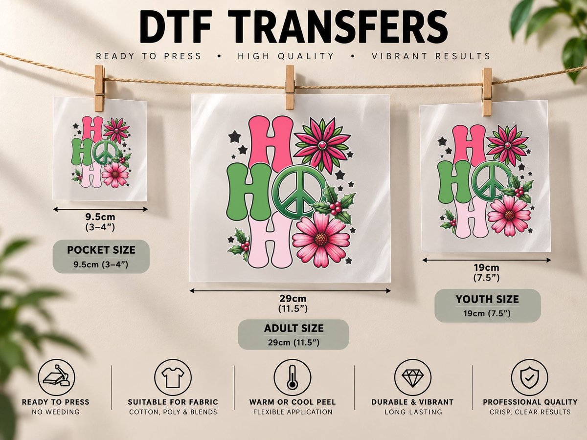 Hohoho Winter, Festive Floral Peace Sign Graphic DTF Transfer Iron On