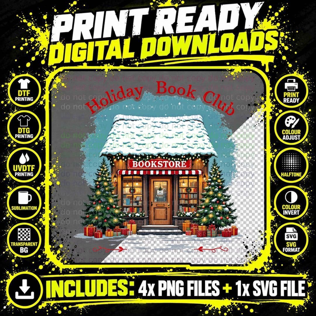 Holiday Book Club Coffee T-Shirt, Cozy Snowy Bookstore Png SVG Digital Bundle