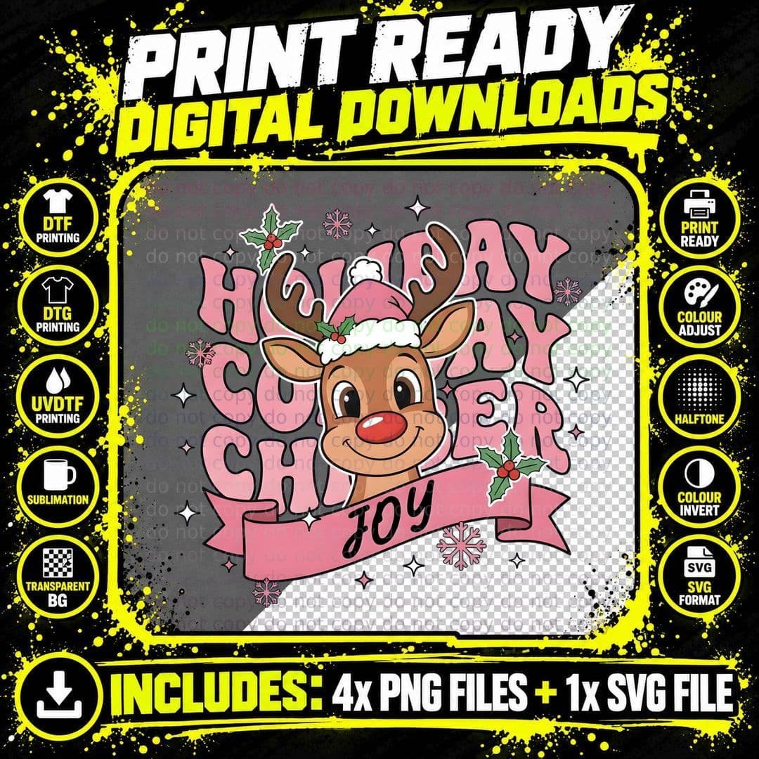 Holiday Cooler Joy Cheer T-Shirt, Rudolph in Santa Hat Png SVG Digital Bundle