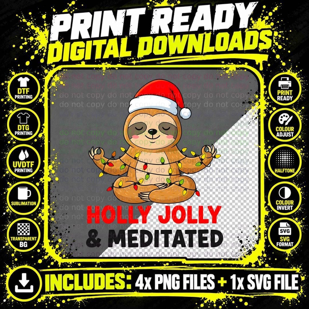 Holly Jolly & Meditated Christmas T-Shirt Png SVG Digital Bundle
