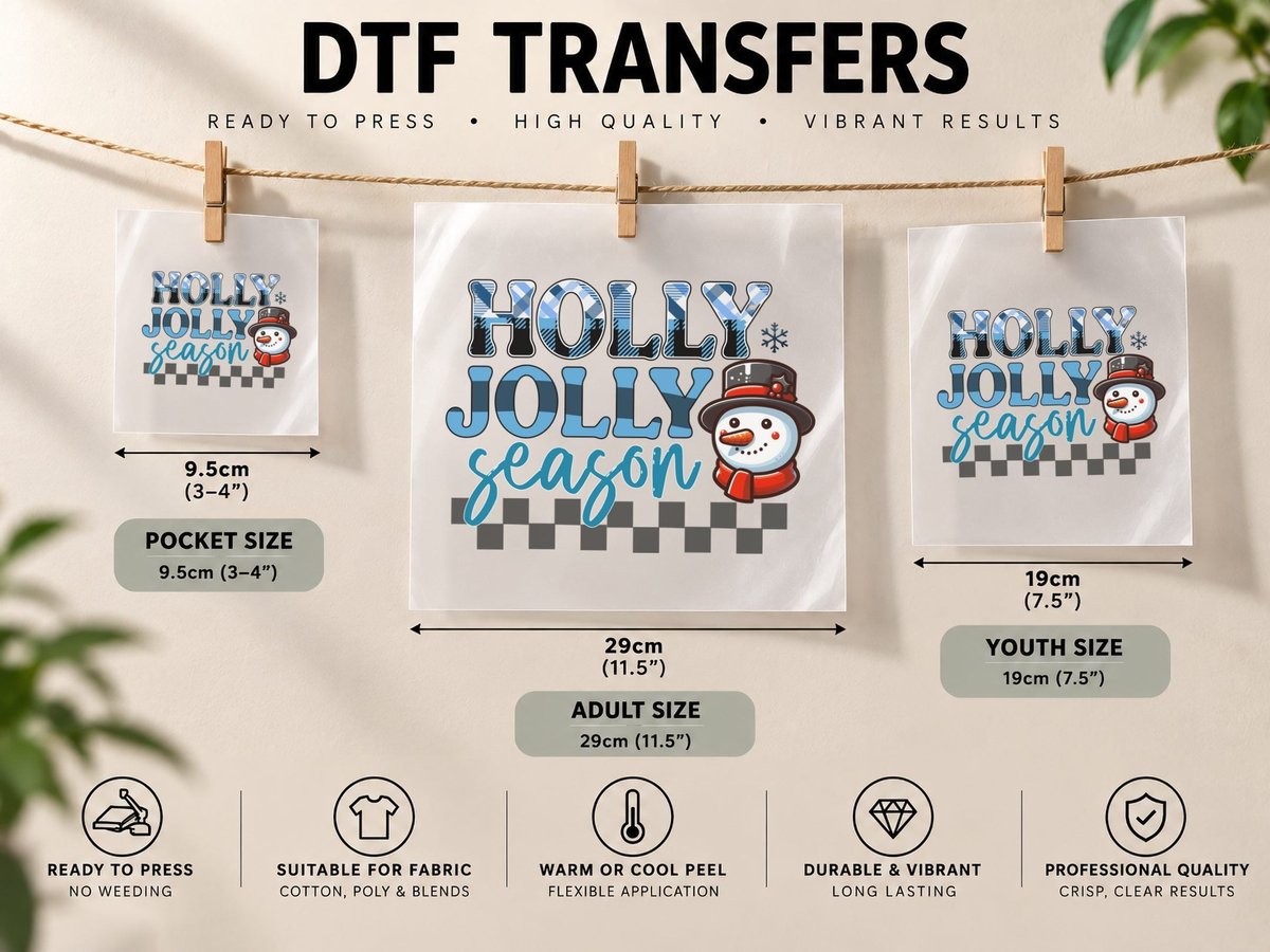 Holly Jolly Season Winter, Festive Snowman with Plaid DTF Transfer Iron On