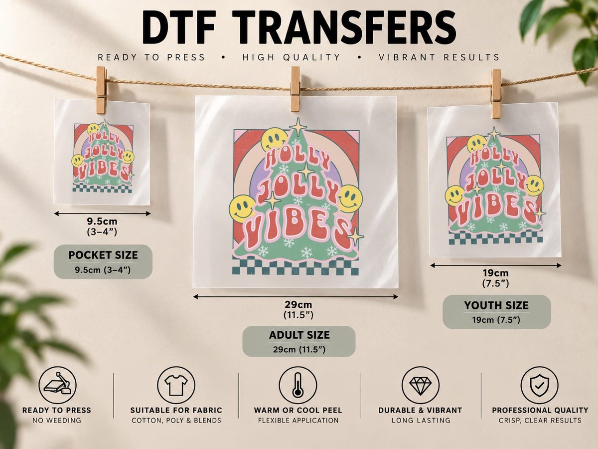 Holly Jolly Vibes Happy New Year, Festive Smiley Faces DTF Transfer Iron On