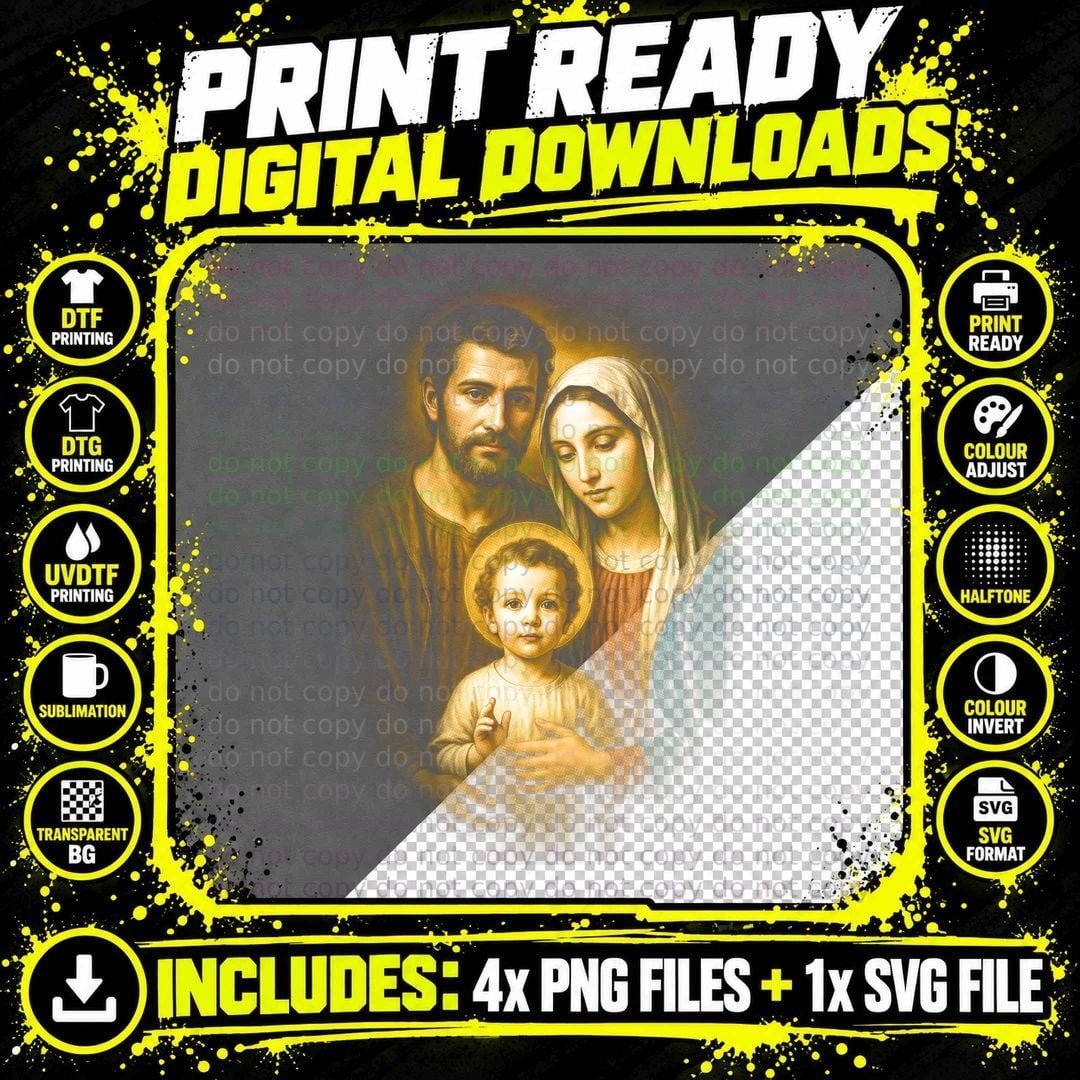 Holy Family T-Shirt, Halftone Holy Family Nativity Png SVG Digital Bundle