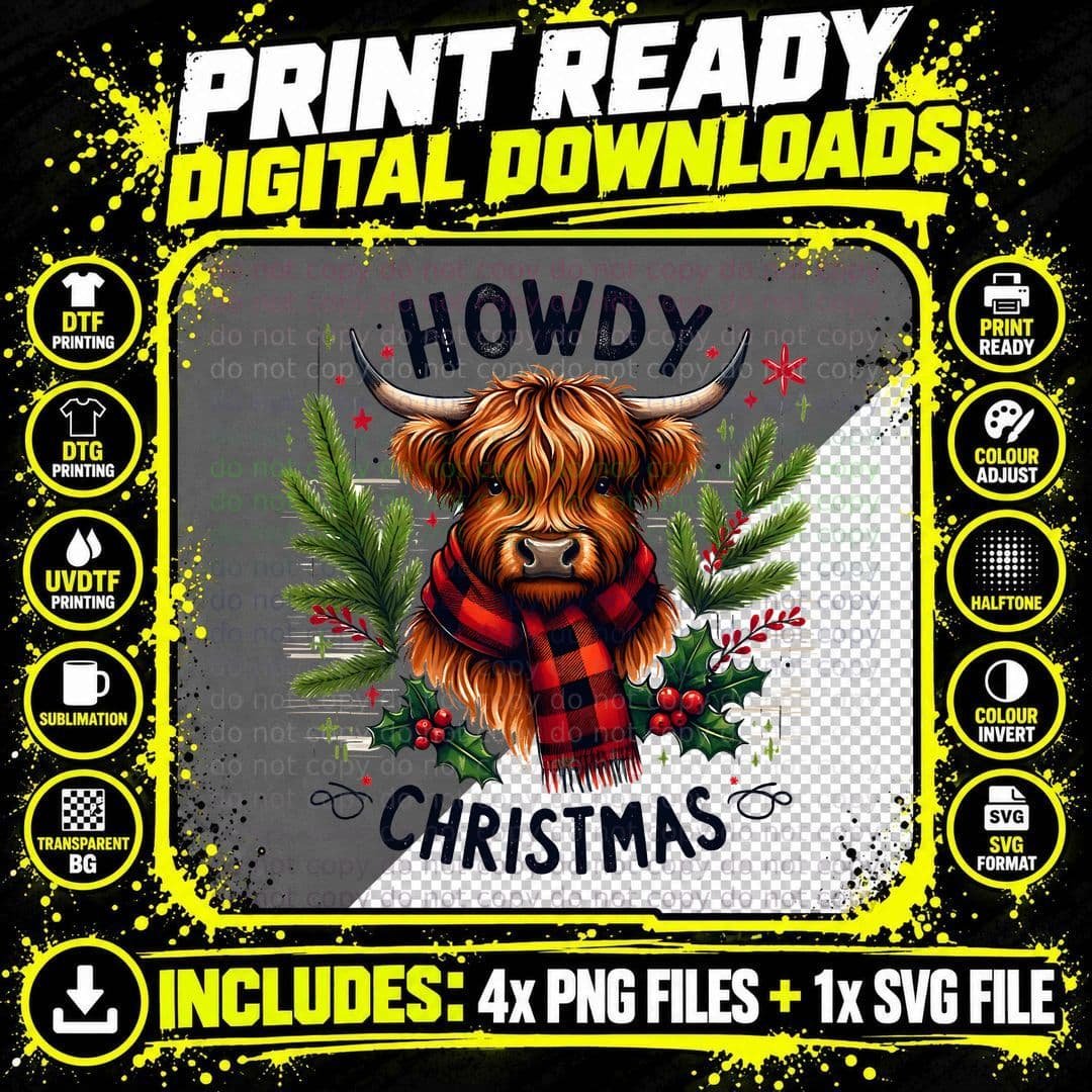 Howdy Christmas Highland Cow T-Shirt Png SVG Digital Bundle
