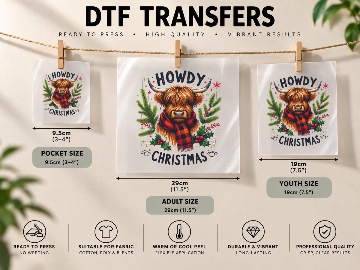 Howdy Christmas Highland Cow, Highland Cow Wearing Scarf DTF Transfer Iron On