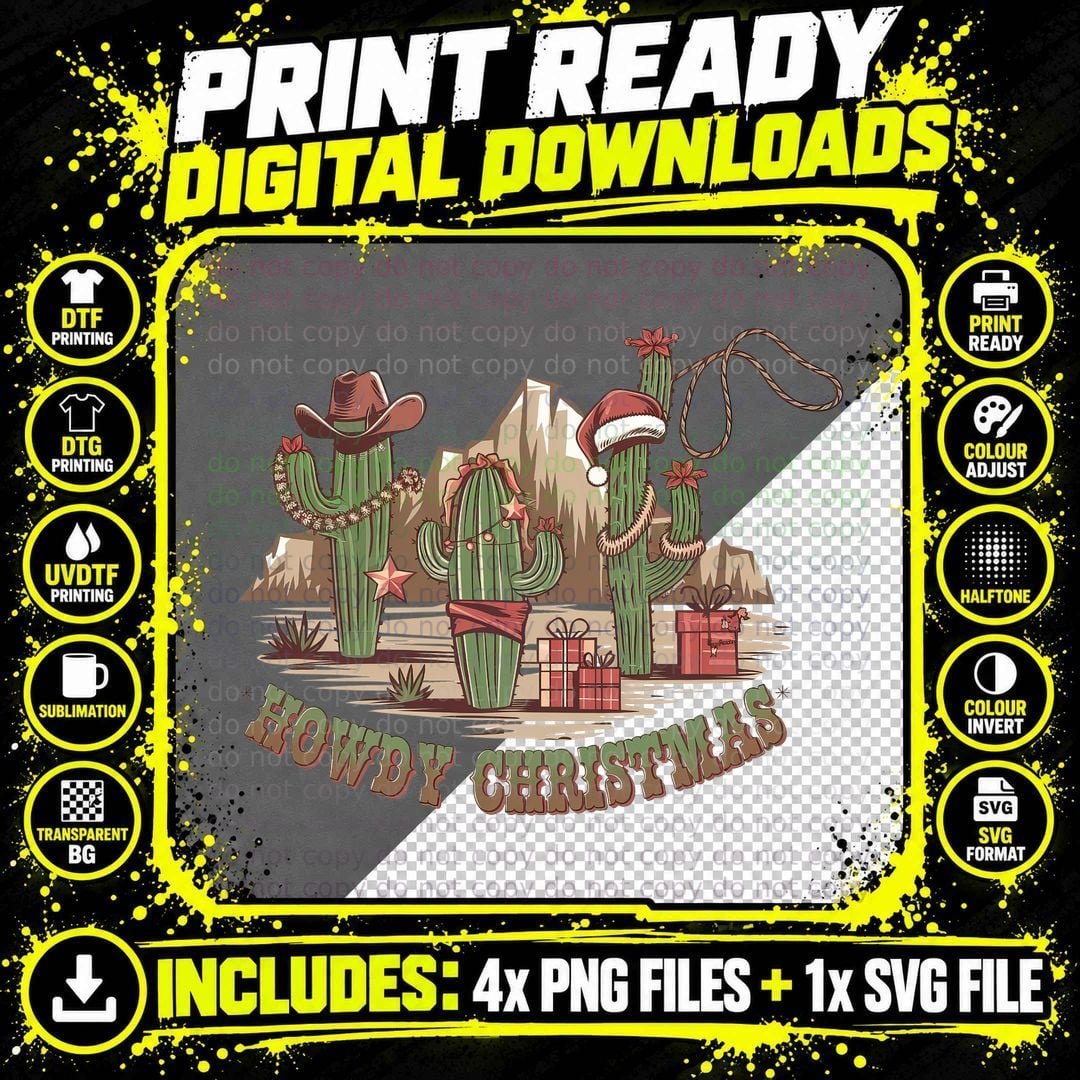 Howdy Christmas Western T-Shirt, Cactus Christmas Png SVG Digital Bundle
