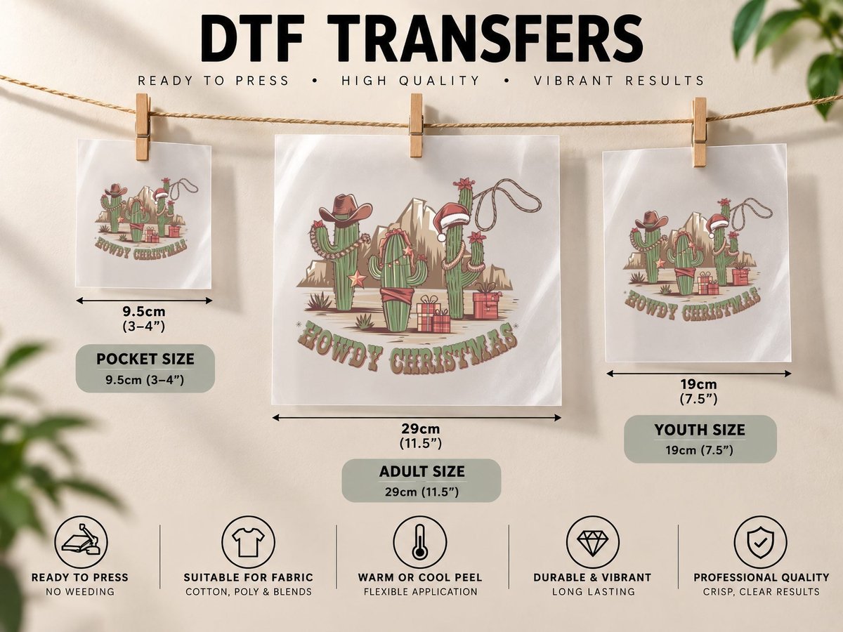 Howdy Christmas Western, Cactus Christmas Western Scene DTF Transfer Iron On