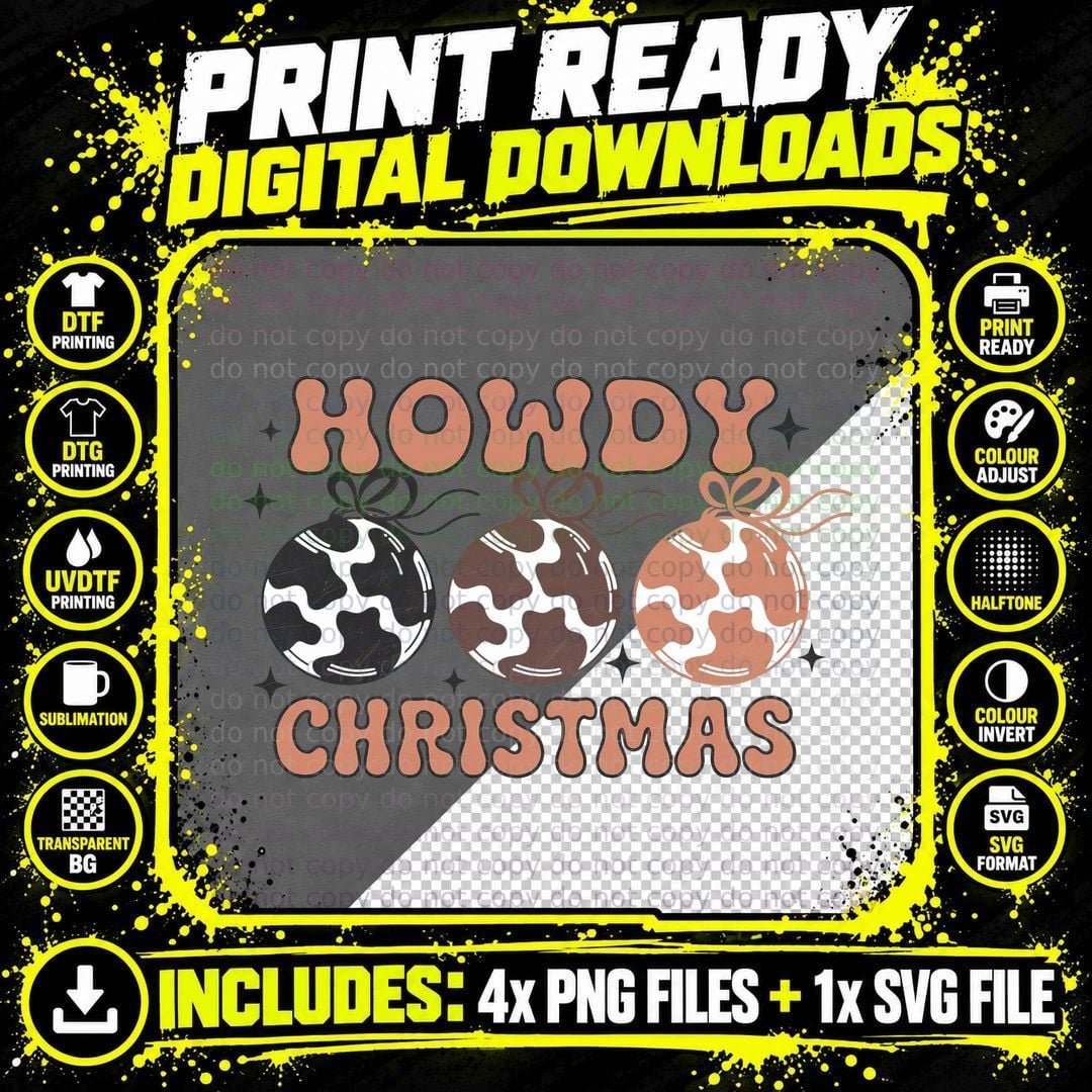 Howdy Christmas Western T-Shirt, Cow Print Ornaments on Png SVG Digital Bundle