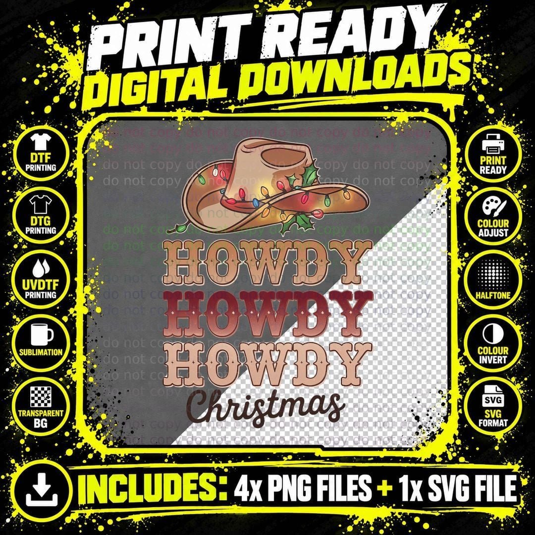Howdy Christmas Western T-Shirt, Cowboy Hat with Lights Png SVG Digital Bundle