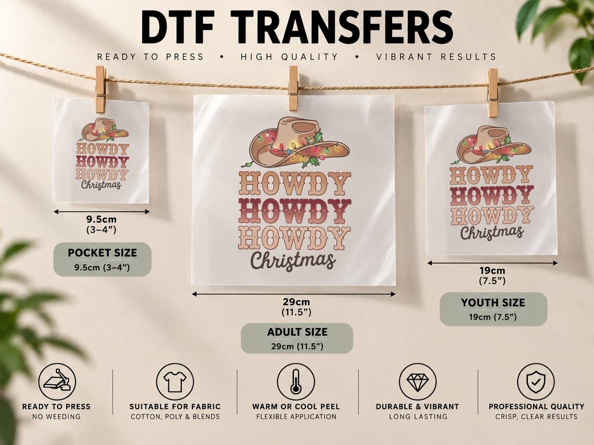 Howdy Christmas Western, Cowboy Hat with Lights Graphic DTF Transfer Iron On