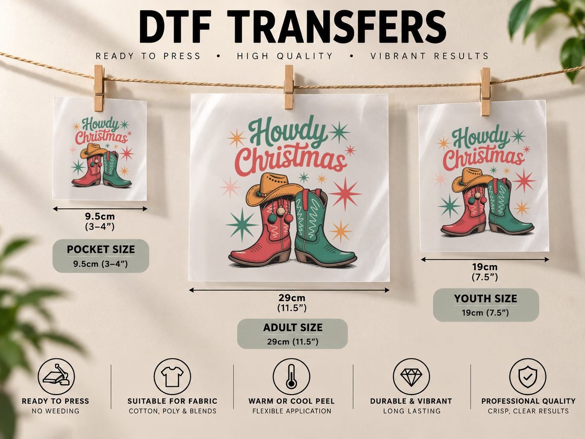 Howdy Christmas Winter, Cowboy Boots with Christmas Graphic DTF Transfer Iron On