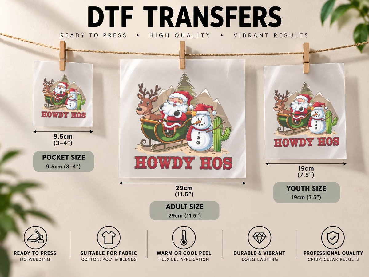 Howdy Hos Western, Santa Sledding with Reindeer & Graphic DTF Transfer Iron On