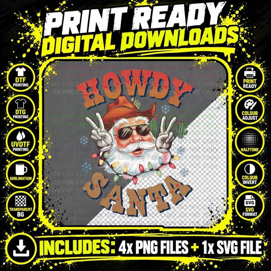 Howdy Santa Western T-Shirt, Santa in Cowboy Hat with Png SVG Digital Bundle