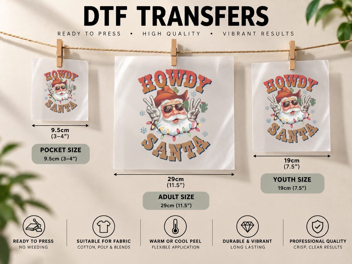 Howdy Santa Western, Santa in Cowboy Hat with Peace Sign DTF Transfer Iron On