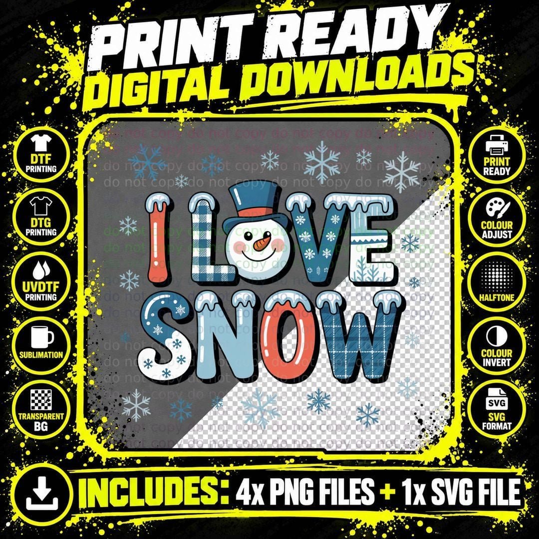 I Love Snow Winter T-Shirt, Snowman with Snowflakes Png SVG Digital Bundle