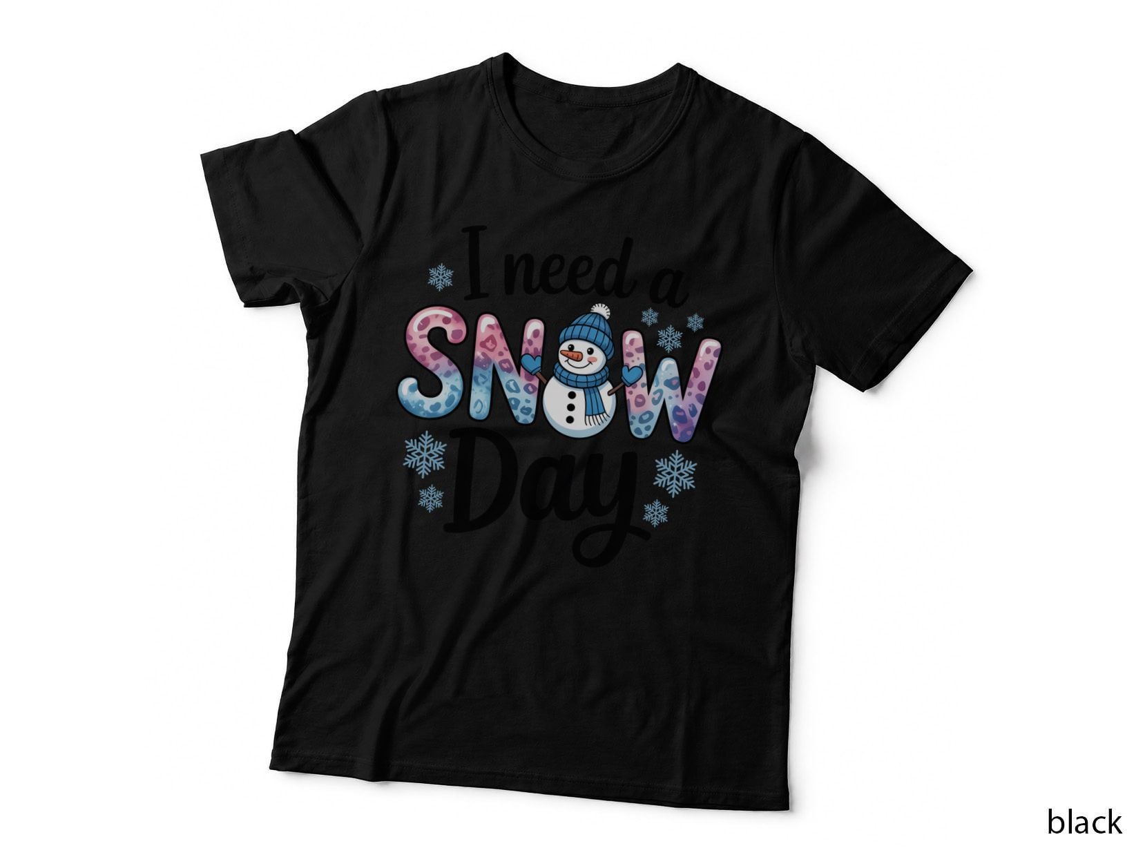 I Need a Snow Day Winter T-Shirt, Snowman with Snowflakes Graphic Tee