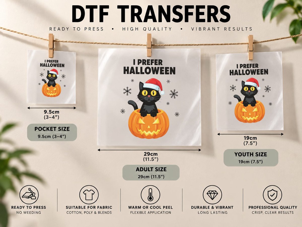 I Prefer Halloween Funny Halloween, Black Cat in Pumpkin DTF Transfer Iron On