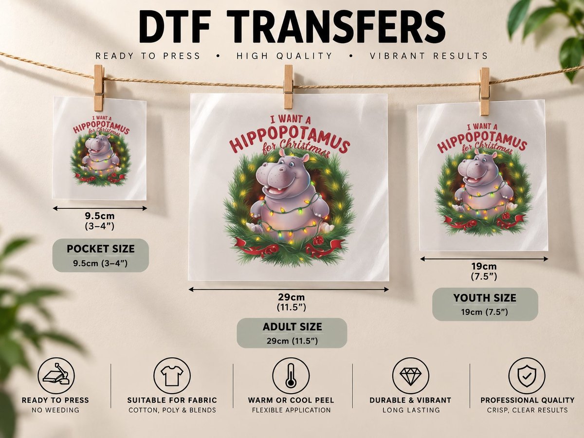 I Want a Hippopotamus for Christmas, Funny Xmas DTF Transfer Iron On