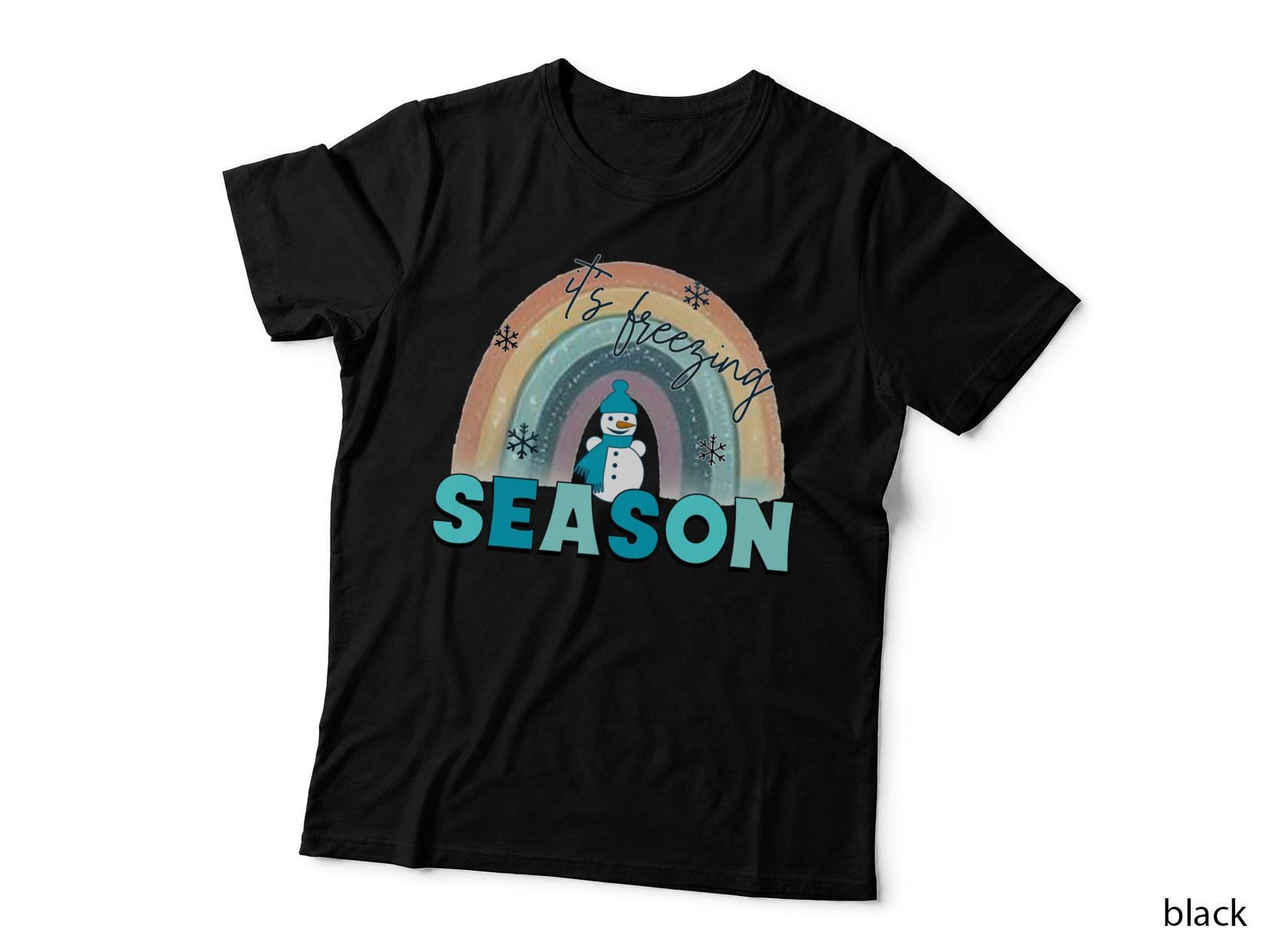 It's Freezing Season Winter T-Shirt, Snowman Under Rainbow with Graphic Tee