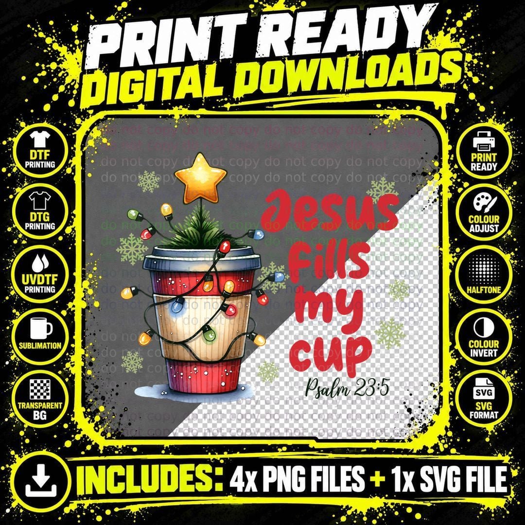 Jesus Fills My Cup Psalm 23 5 Christmas Coffee Red Png SVG Digital Bundle
