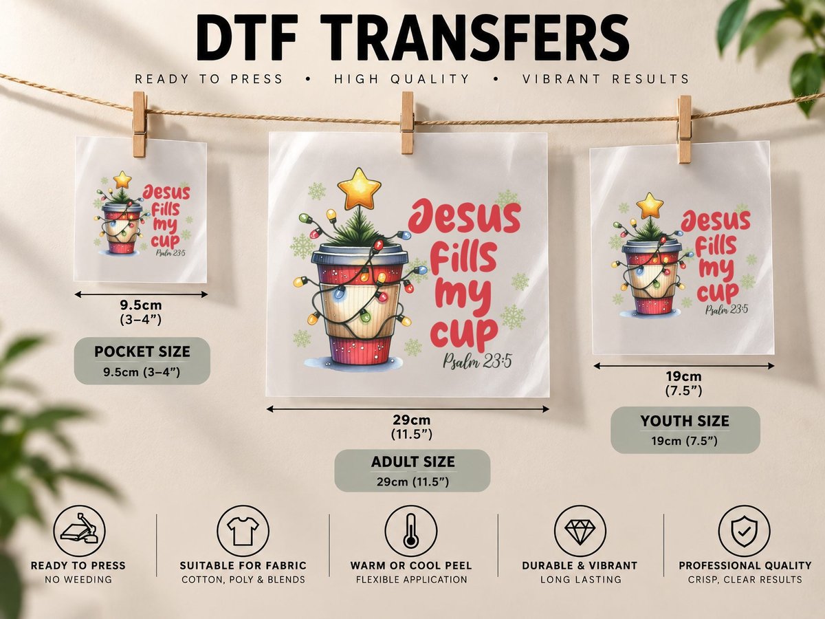 Jesus Fills My Cup Psalm 23 5 Christmas Coffee Red Lights DTF Transfer Iron On