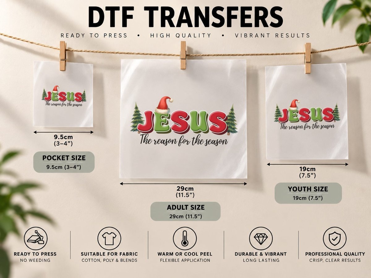 Jesus the Reason for the Season Christmas Theme Red Green DTF Transfer Iron On
