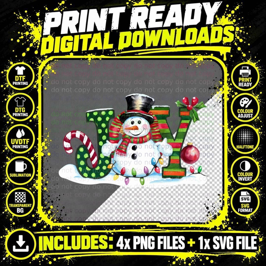 Joy Winter T-Shirt, Festive Snowman with Joy Letters Png SVG Digital Bundle