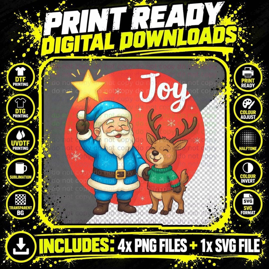 Joy Winter T-Shirt, Santa & Reindeer with Star Graphic Png SVG Digital Bundle