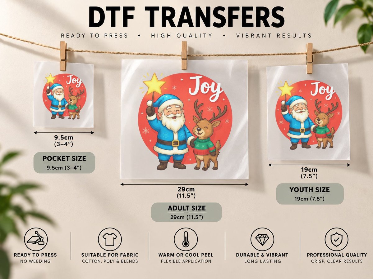 Joy Winter, Santa & Reindeer with Star Graphic, Winter Gift DTF Transfer Iron On