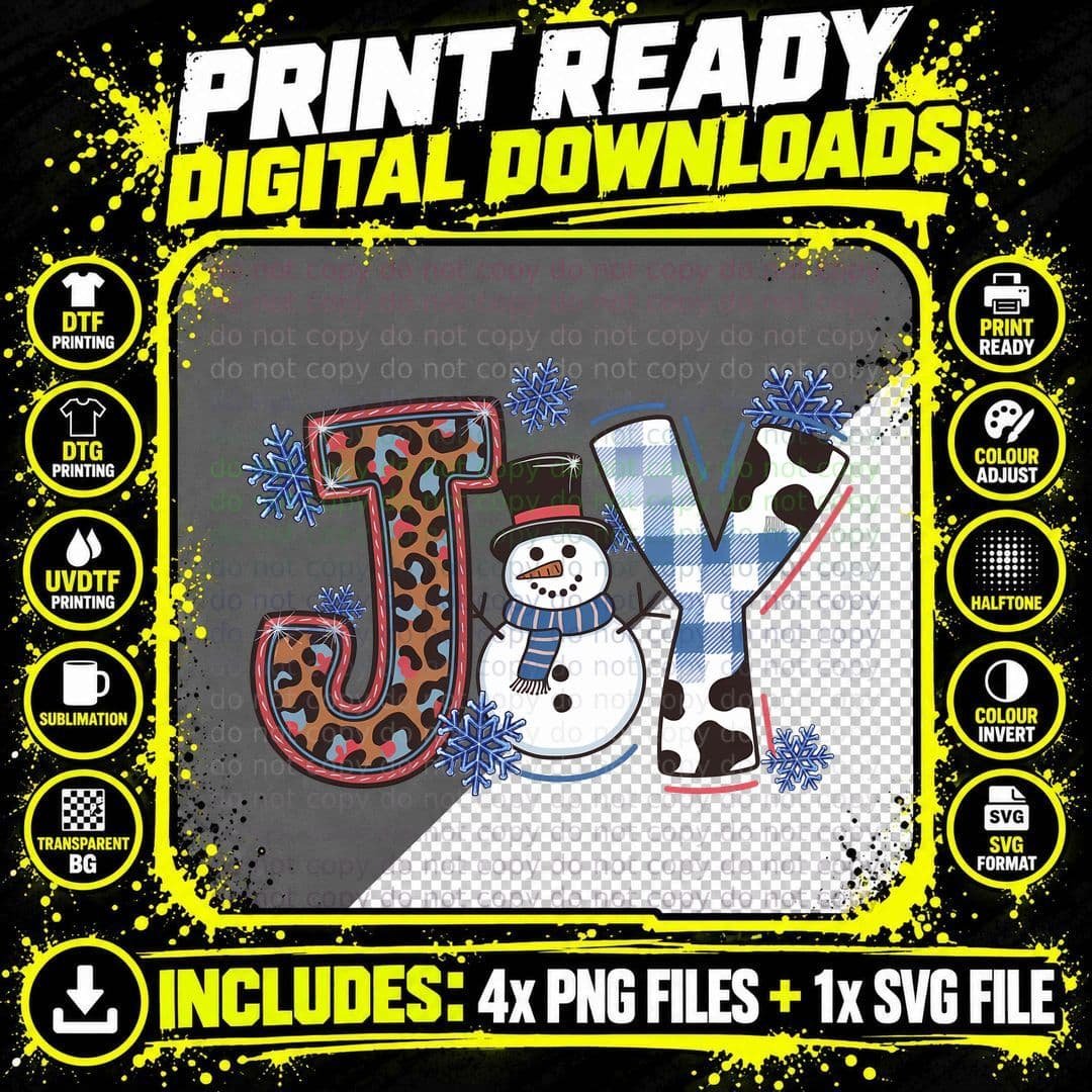 Joy Winter T-Shirt, Winter Snowman with Joy Letters Png SVG Digital Bundle