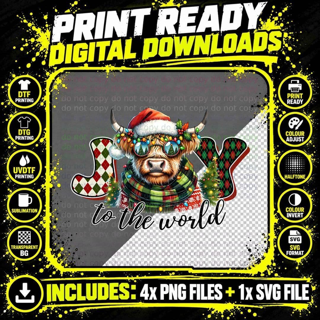 Joy to the World Highland Cow T-Shirt Png SVG Digital Bundle