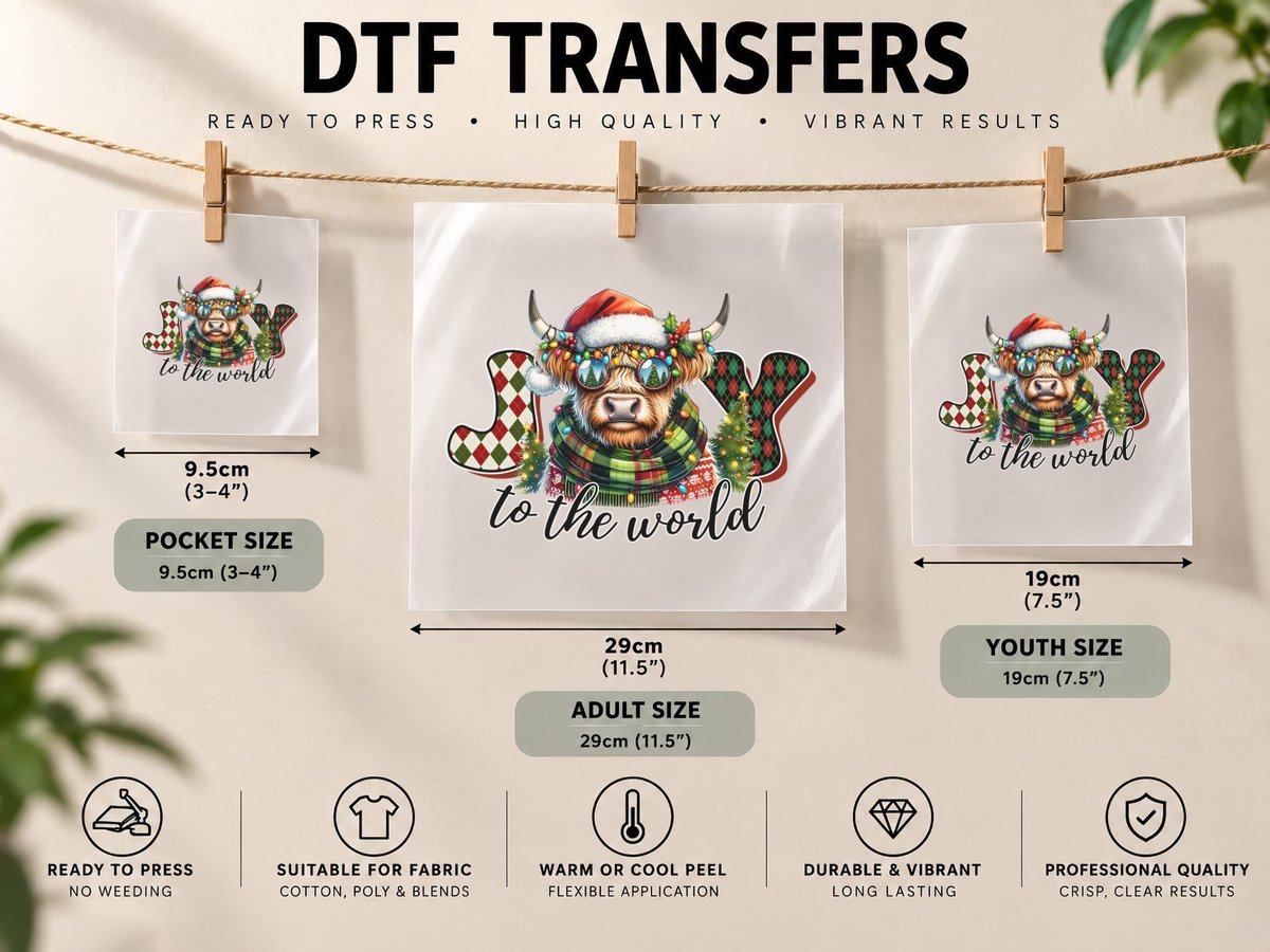 Joy to the World Highland Cow, Highland Cow in Festive DTF Transfer Iron On