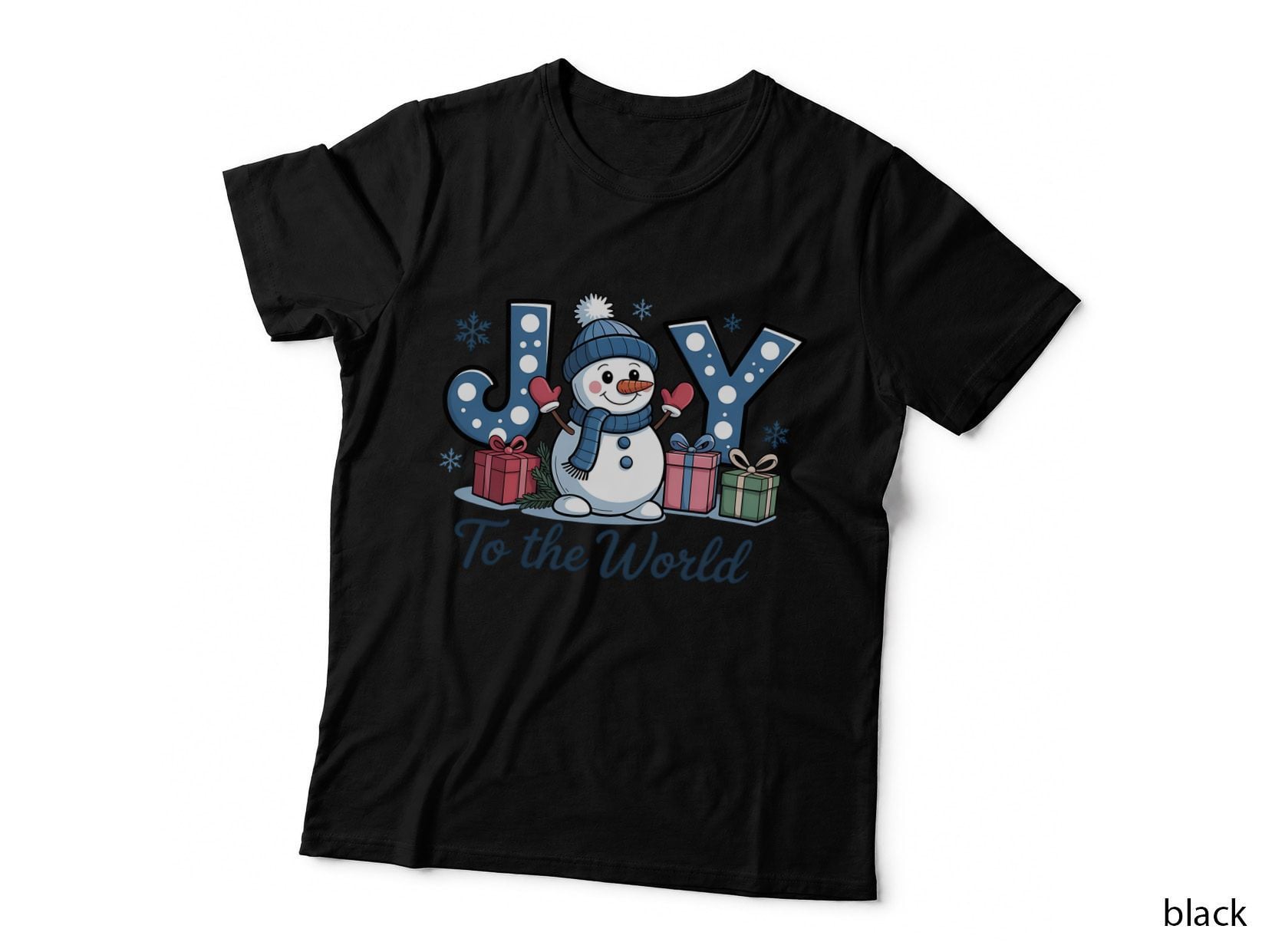 Joy to the World Winter T-Shirt, Joyful Snowman with Gifts Graphic Tee