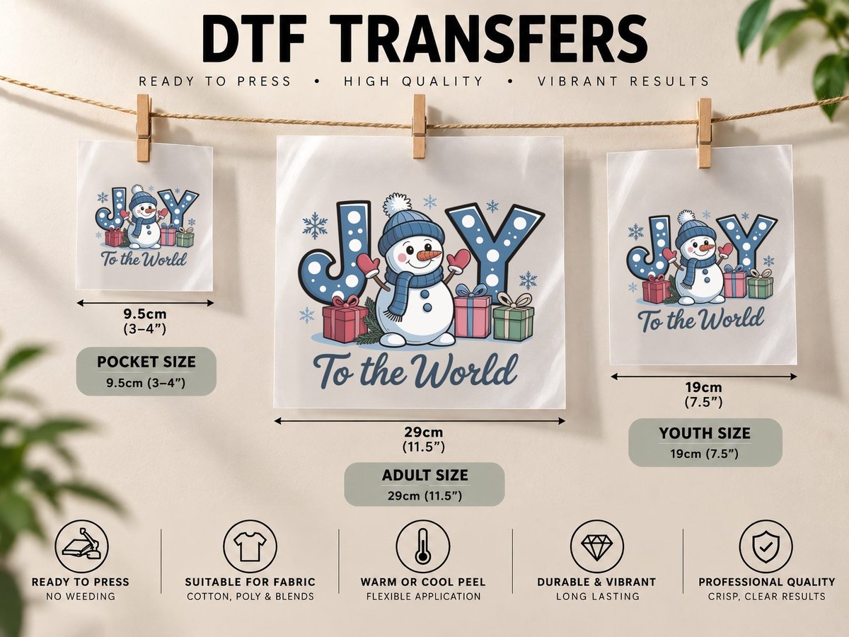Joy to the World Winter, Joyful Snowman with Gifts Graphic DTF Transfer Iron On