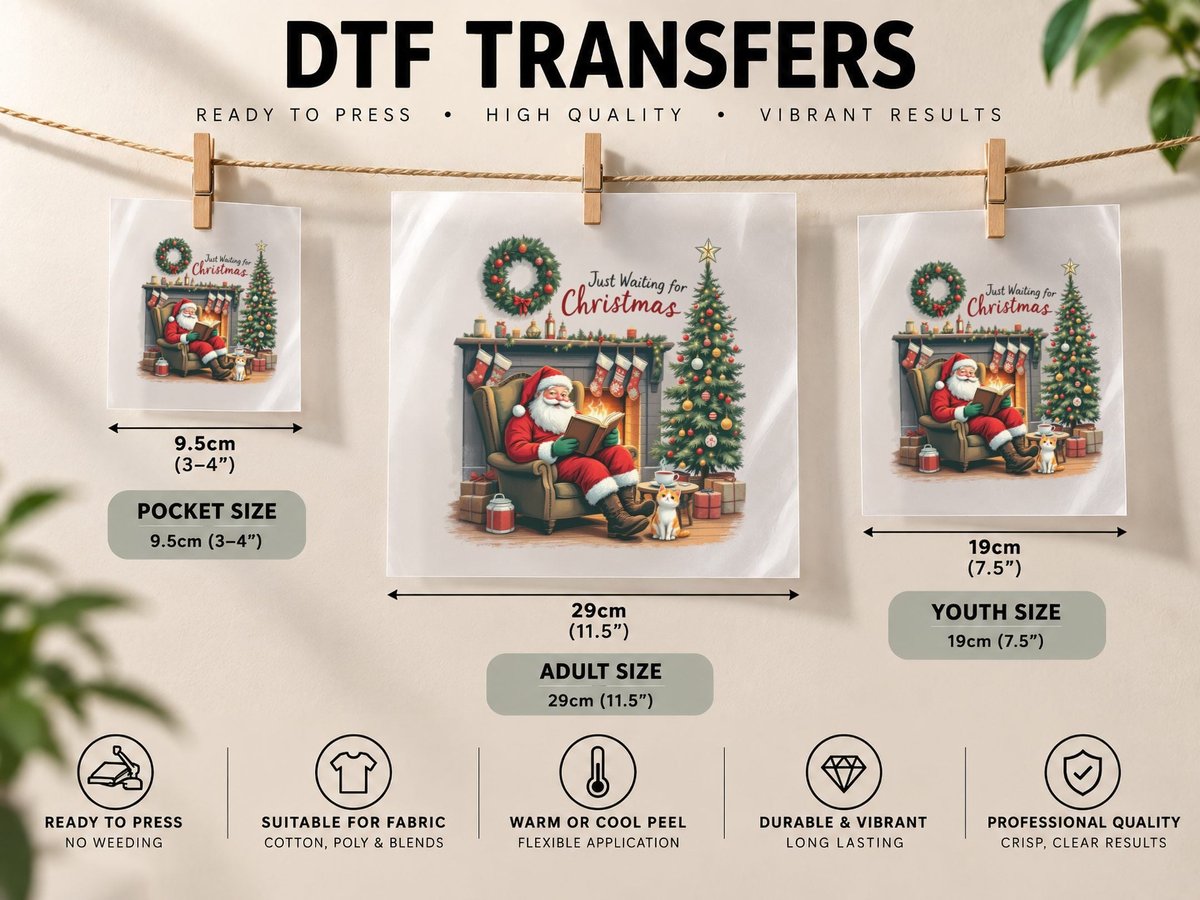 Just Waiting for Christmas Coffee, Santa Reading by DTF Transfer Iron On