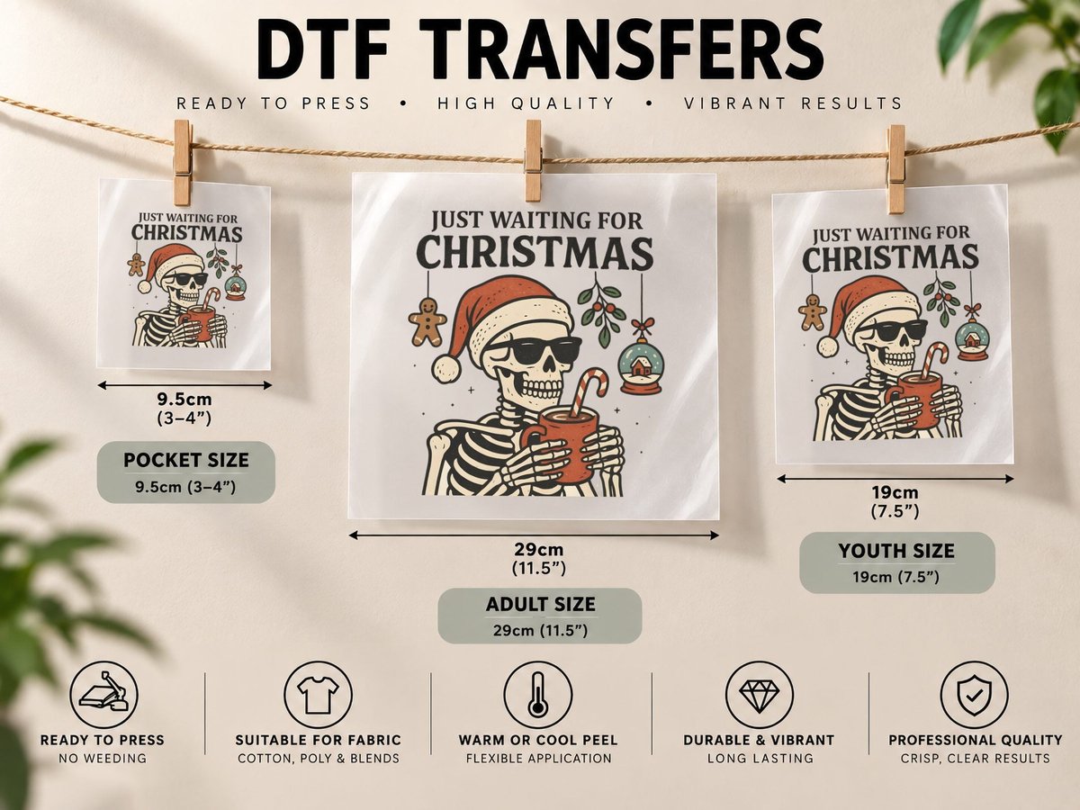 Just Waiting for Christmas Design, Funny Xmas DTF Transfer Iron On