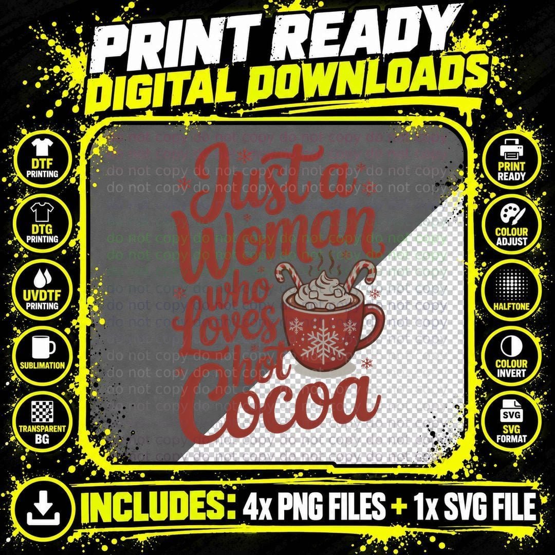 Just a Woman Who Loves Hot Cocoa Christmas T-Shirt Png SVG Digital Bundle
