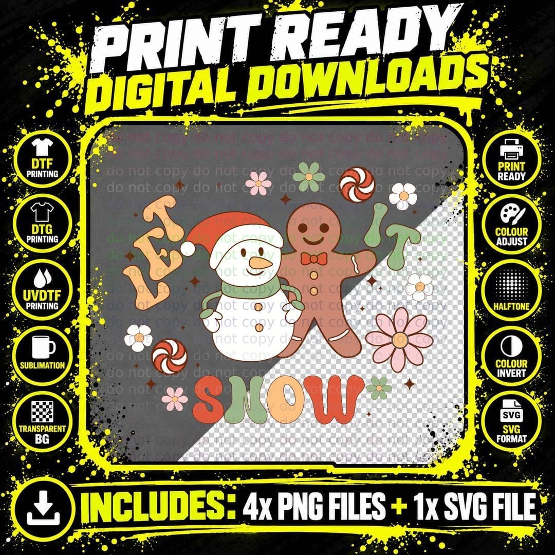 Let It Snow Christmas T-Shirt, Snowman & Gingerbread Png SVG Digital Bundle
