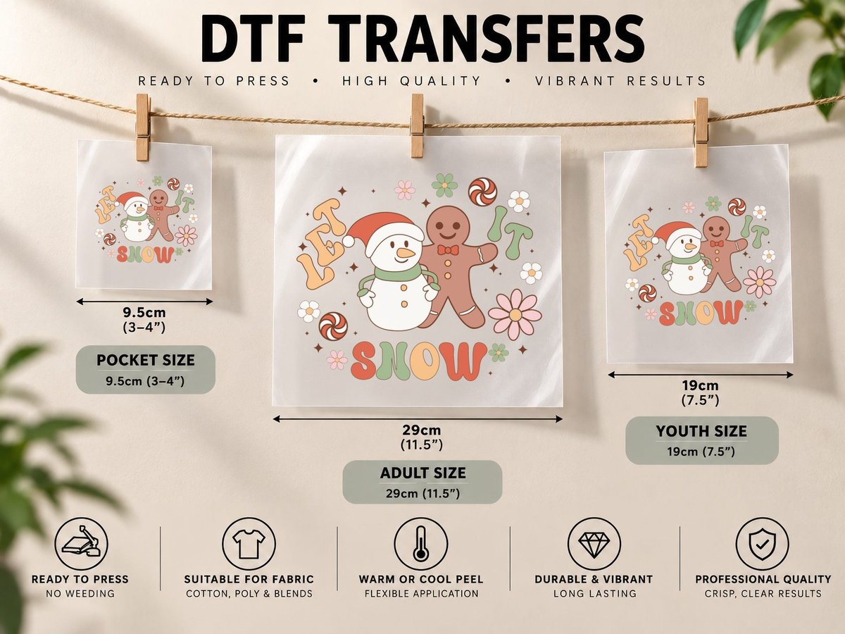 Let It Snow Christmas, Snowman & Gingerbread Friends DTF Transfer Iron On