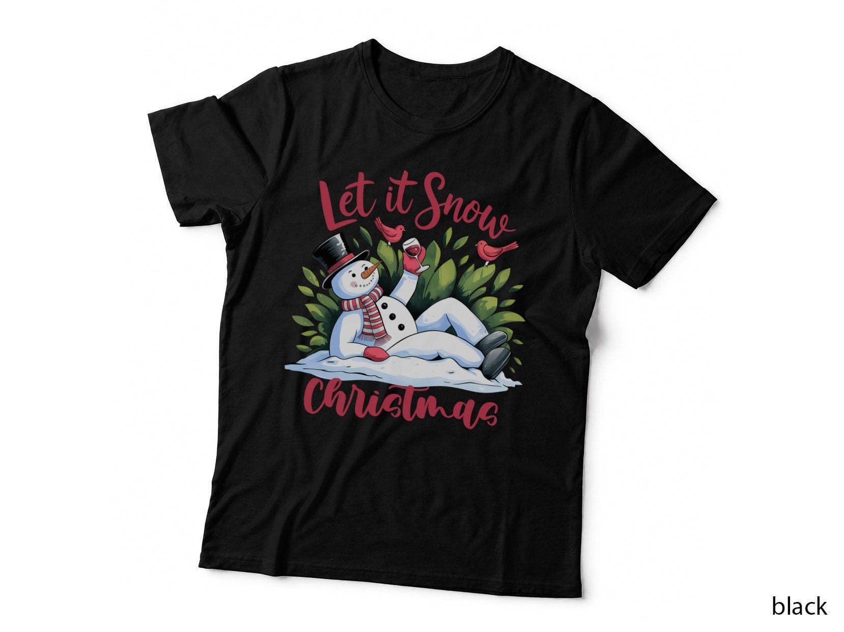 Let It Snow Christmas Winter T-Shirt, Drunk Snowman in Bushes Graphic Tee