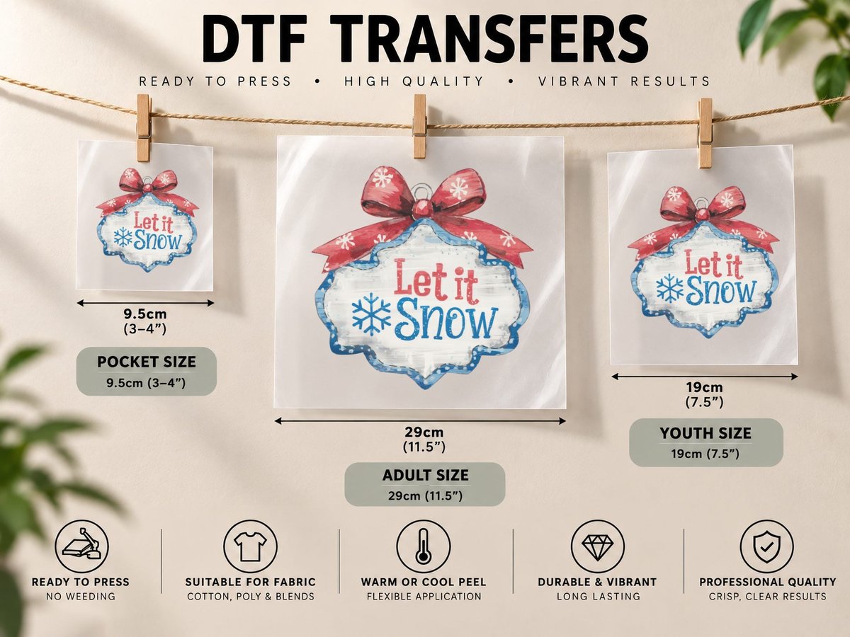 Let It Snow Winter, Festive Holiday Ornament with Bow DTF Transfer Iron On