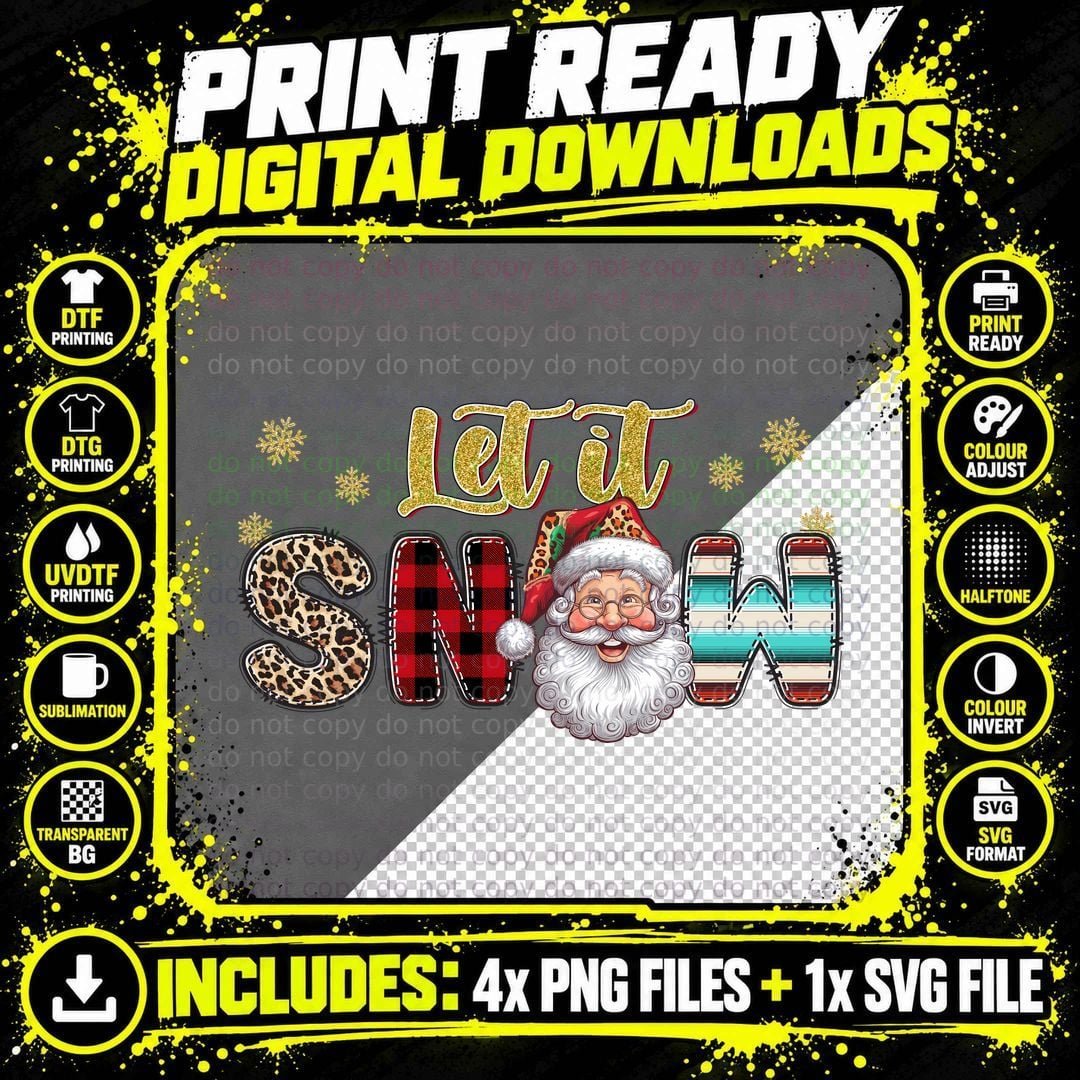 Let It Snow Winter T-Shirt, Festive Santa with Leopard Png SVG Digital Bundle