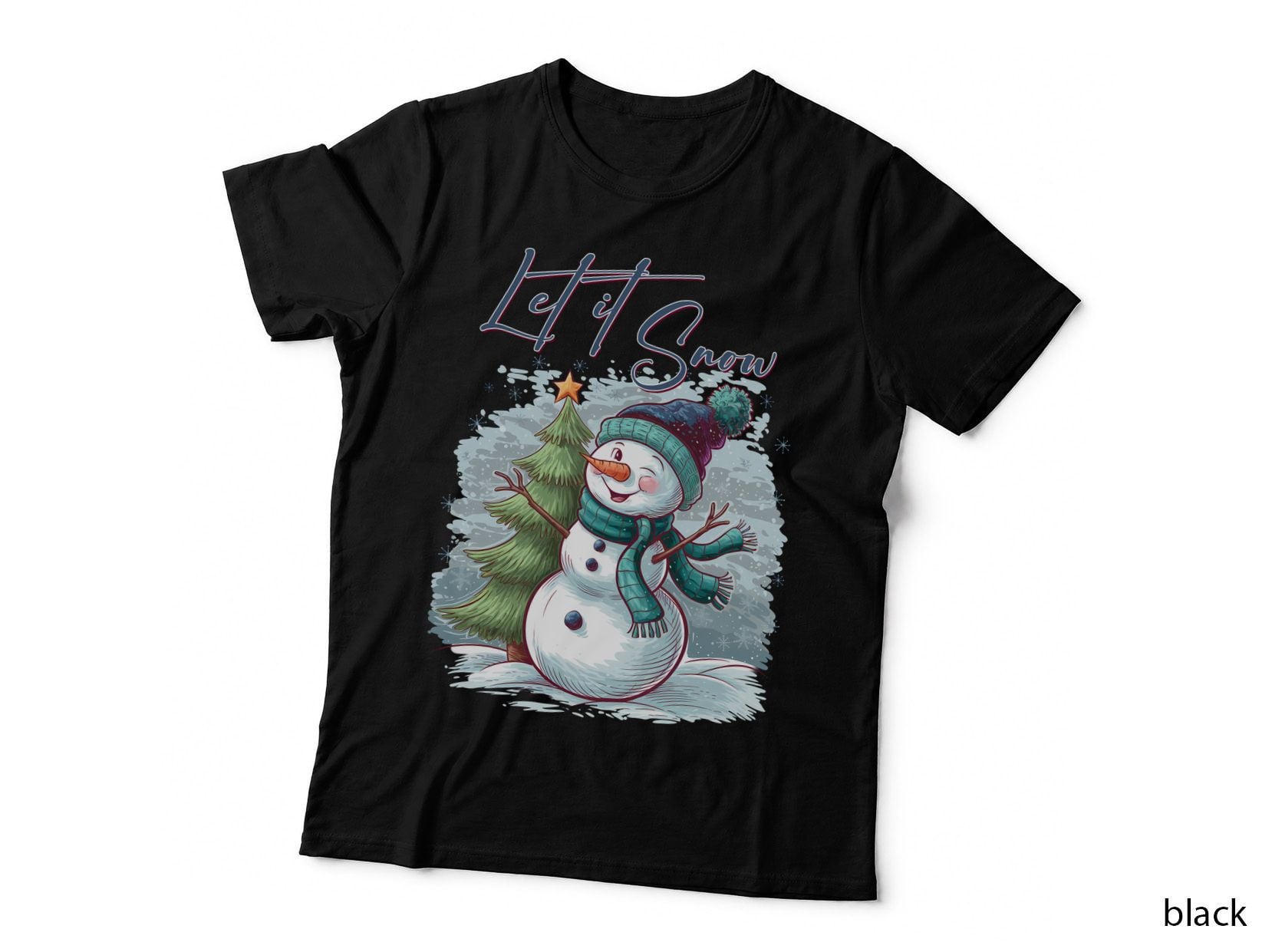 Let It Snow Winter T-Shirt, Snowman Holding Christmas Tree in Graphic Tee