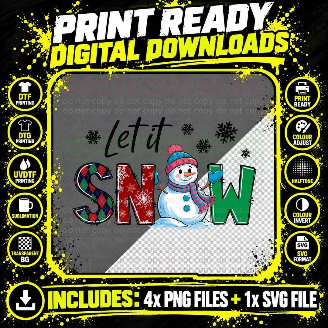 Let It Snow Winter T-Shirt, Snowman Holding Letters in Png SVG Digital Bundle