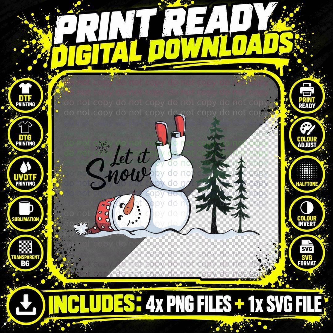 Let It Snow Winter T-Shirt, Snowman Lying Down with Png SVG Digital Bundle