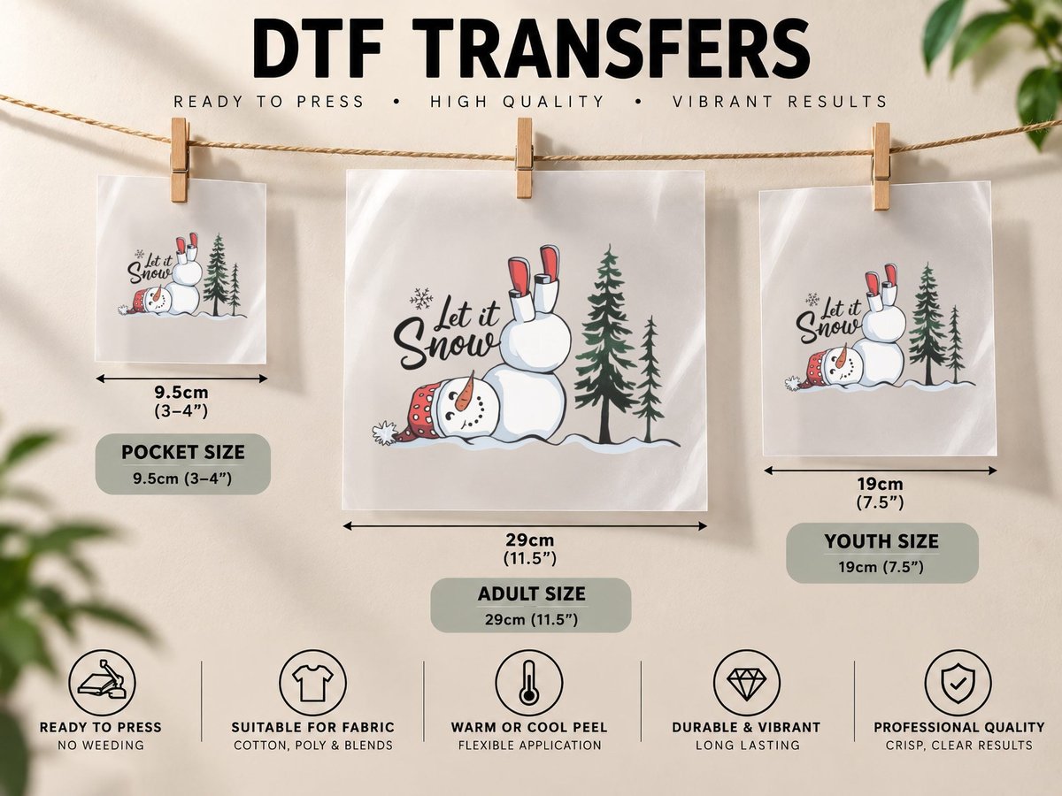 Let It Snow Winter, Snowman Lying Down with Trees Graphic DTF Transfer Iron On